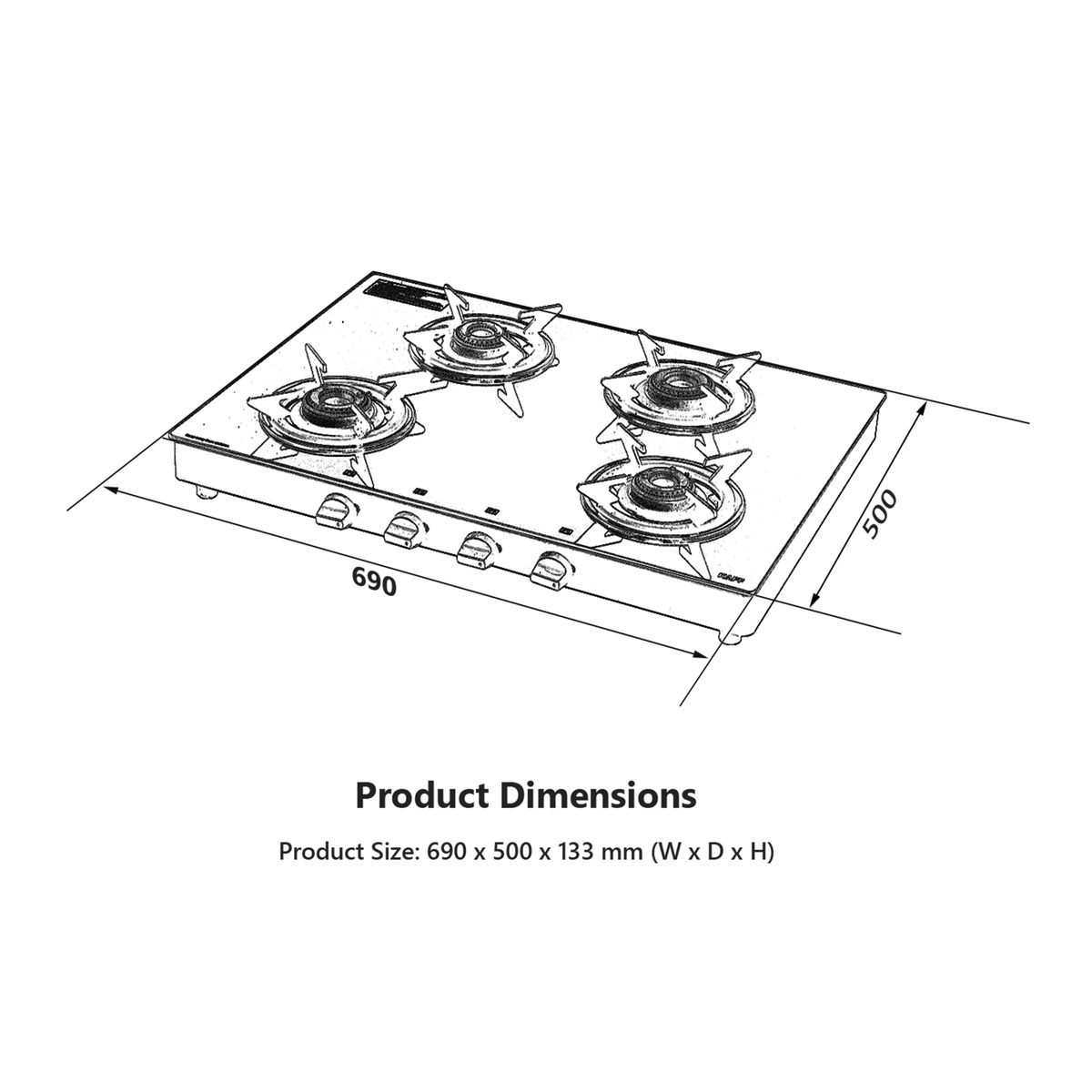 CTE694B- High Efficiency Brass Burners Cooktop with Manual Ignition, 4 Burners- 2 Big, 2 Small