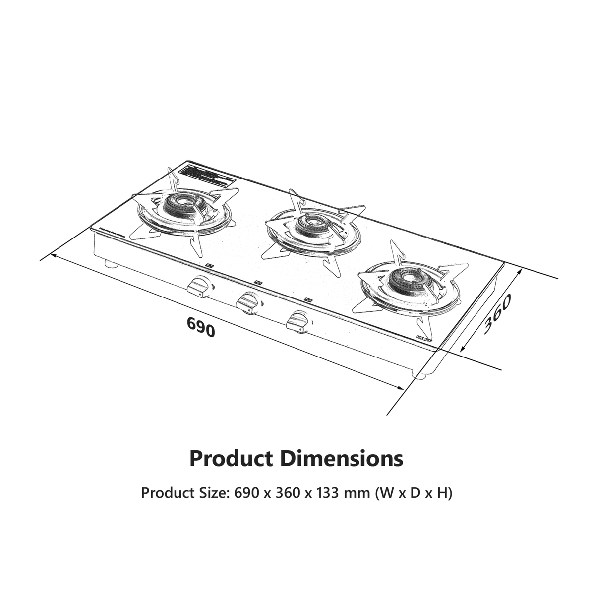 CTE713B- 3 Burners Cooktop with Matte Black Finish With Black Toughened Glass & Manual Ignition
