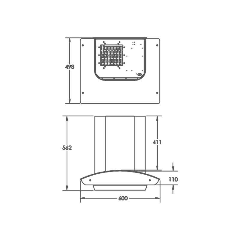MILL DHC 60 - Wall Mounted Chimney, Front Panel with Black Glass and Digital Display