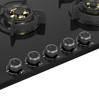 ASF 865 - 5 Burner Built-in Hob, 8mm Thick Black Tempered Glass, Flame Failure Device