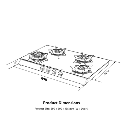 CTB694B / CTB694BAI (Auto Ignition) 4 Brass Burners Cooktop, Black Toughened Glass (8 mm)