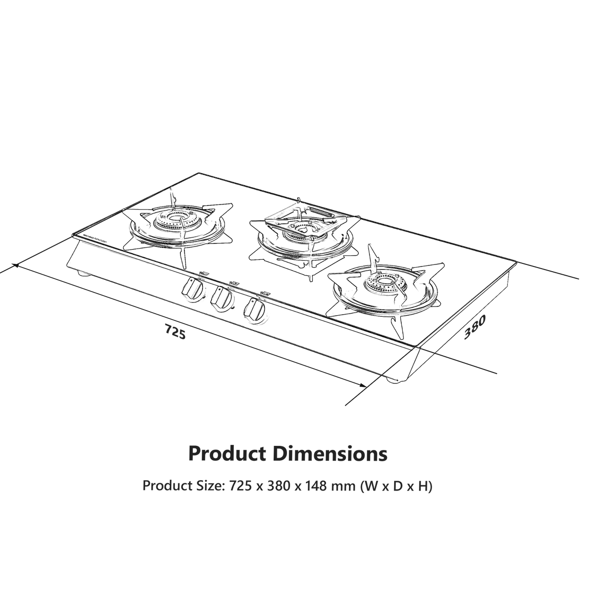 CTB713B / CTB713BAI (Auto Ignition) 3 Brass Burners Cooktop, Black Toughened Glass (8mm)