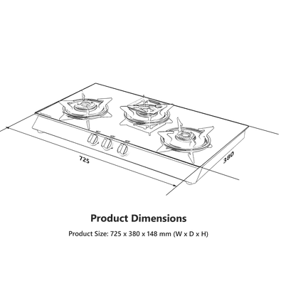 CTB713B / CTB713BAI (Auto Ignition) 3 Brass Burners Cooktop, Black Toughened Glass (8mm)