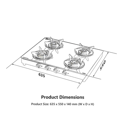 CTC634B / CTC634BAI Cooktop 4 High Efficiency Burners & Pan Support, Slim Line Design