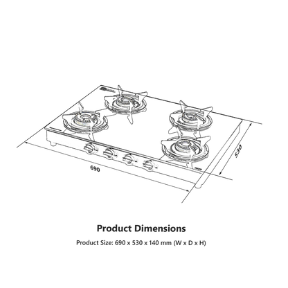 CTC694B / CTC694BAI Slim Line Design 4 Brass Burners Cooktop, Designer Knobs