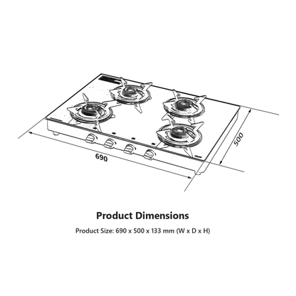 CTE694B- High Efficiency Brass Burners Cooktop with Manual Ignition, 4 Burners- 2 Big, 2 Small