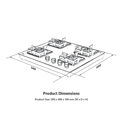 CTS 58 4B AI- Cooktop with Stainless Steel Square Drip Tray, 4 Burners Slim Line Design