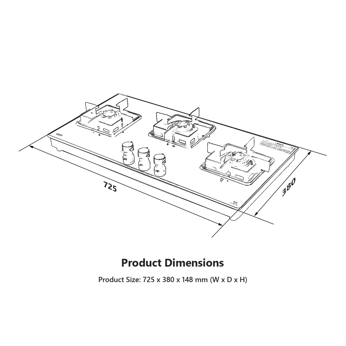 CTS 71 3B AI- Cooktop with Stainless Steel Square Drip Tray, 3 Burners Slim Line Design
