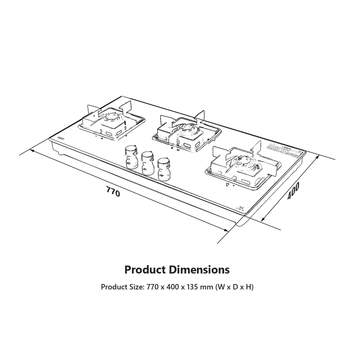 CTS 71 3B AI- Cooktop with Stainless Steel Square Drip Tray, 3 Burners Slim Line Design