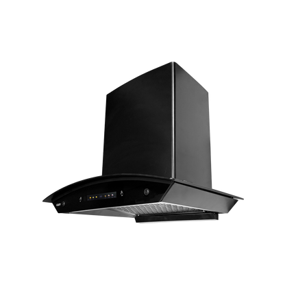 INSCON DC 60/75/90 – Filterless Chimney with BLDC Motor & Dry Heat Auto Clean, Curved Matt Black Glass Design (INSCON DC)