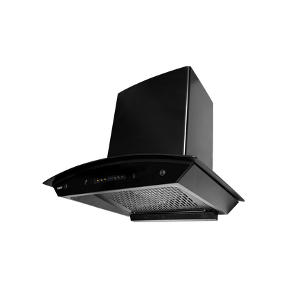 INSCON DC 60/75/90 – Filterless Chimney with BLDC Motor & Dry Heat Auto Clean, Curved Matt Black Glass Design (INSCON DC)