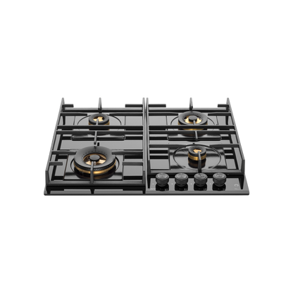 MFBX 604- Built in Hob, 4 Full Brass Burners , Square Drip Tray (Black Shiny Finish)
