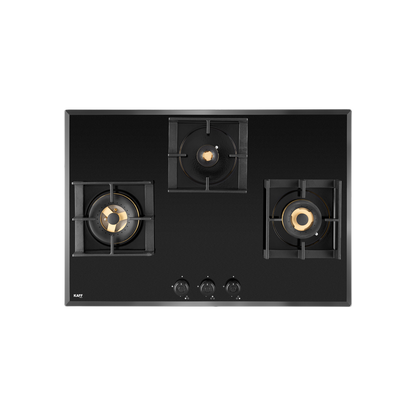 MFBX 763- 3 Full Brass Burners, Square Drip Tray (Black Shiny Finish) Built in Hob