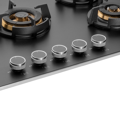 MSM 865 / MSM 865X- Built-In Hob with Efficient 5 Brass Burners, 8 mm Frosted Black Glass