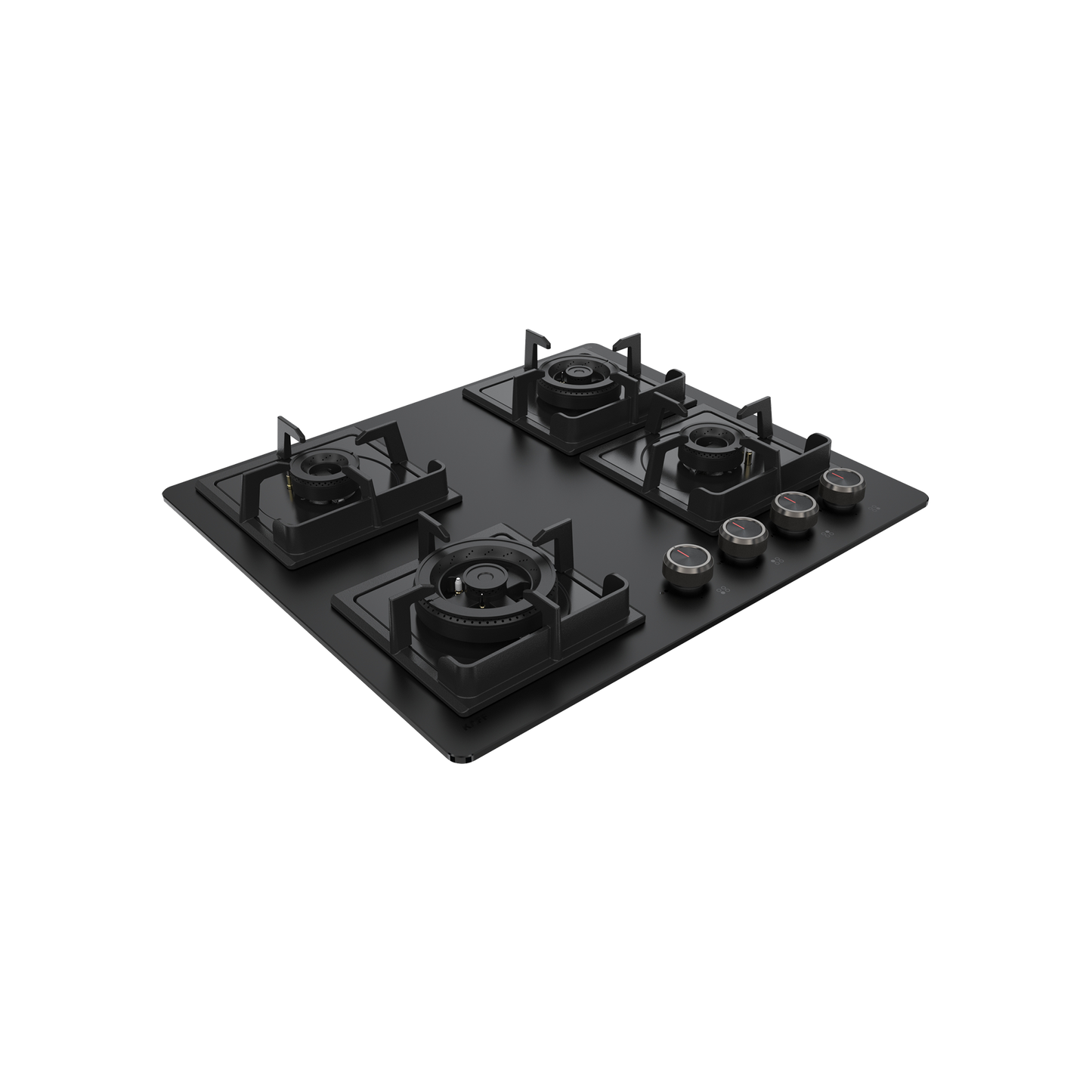NYG 64B - Built-in Hob 4 Full Brass High Efficiency Burners, Premium Frosted Black Glass with Round Edges