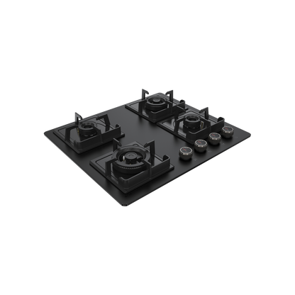 NYG 64B - Built-in Hob 4 Full Brass High Efficiency Burners, Premium Frosted Black Glass with Round Edges