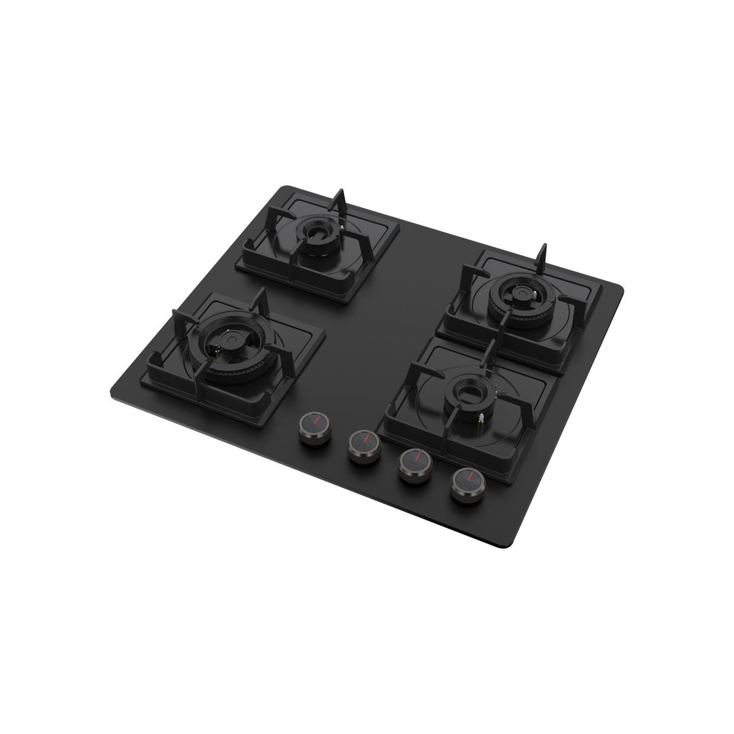 NYG 64B - Built-in Hob 4 Full Brass High Efficiency Burners, Premium Frosted Black Glass with Round Edges