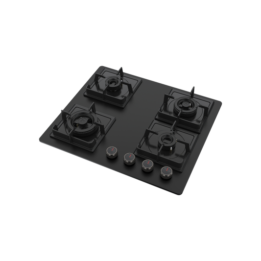 NYG 64B - Built-in Hob 4 Full Brass High Efficiency Burners, Premium Frosted Black Glass with Round Edges