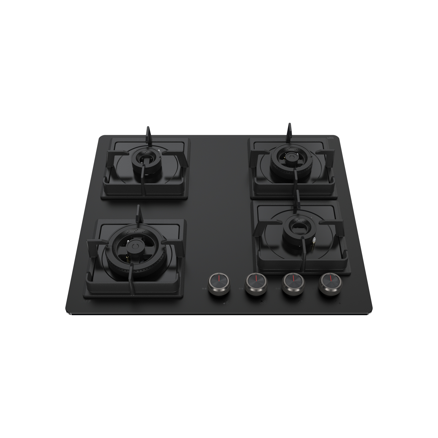 NYG 64B - Built-in Hob 4 Full Brass High Efficiency Burners, Premium Frosted Black Glass with Round Edges