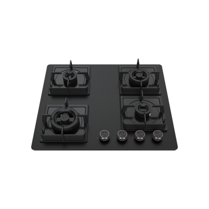 NYG 64B - Built-in Hob 4 Full Brass High Efficiency Burners, Premium Frosted Black Glass with Round Edges