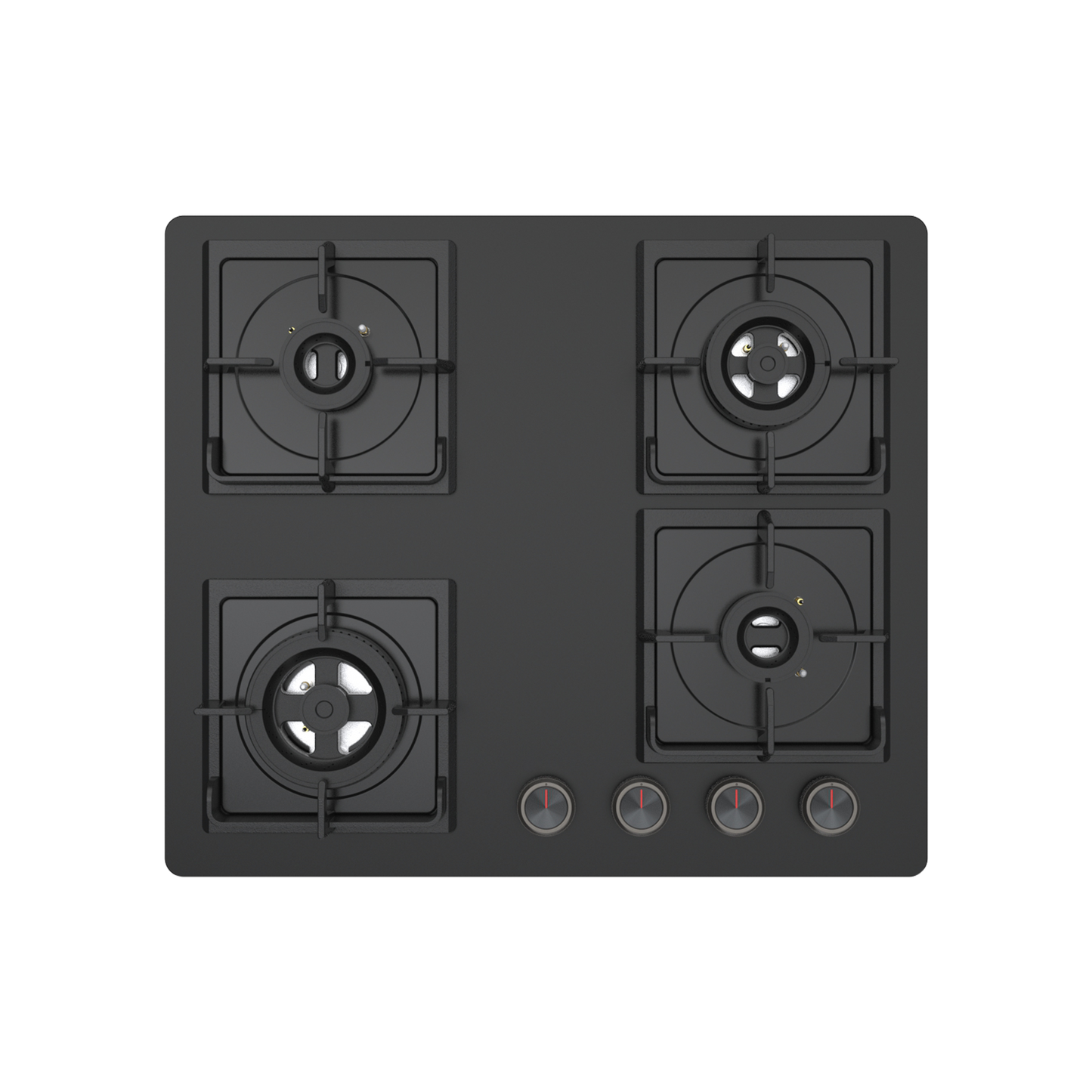 NYG 64B - Built-in Hob 4 Full Brass High Efficiency Burners, Premium Frosted Black Glass with Round Edges