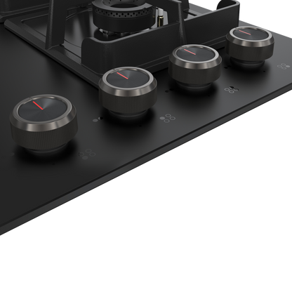 NYG 64B - Built-in Hob 4 Full Brass High Efficiency Burners, Premium Frosted Black Glass with Round Edges